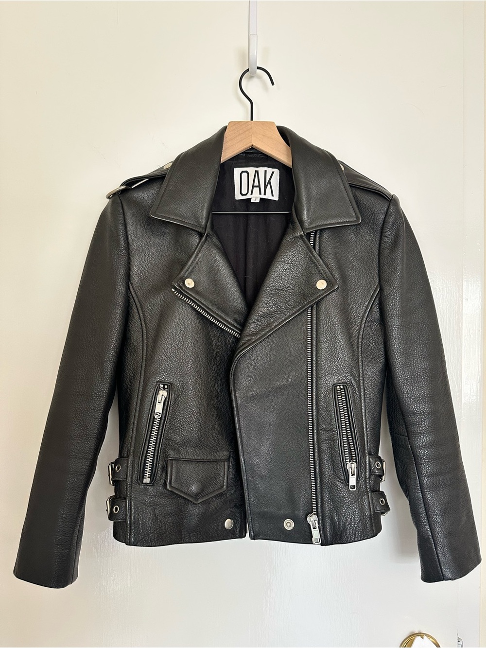 OAK Black Leather Moto Jacket, Women’s Leather Jacket, Size S